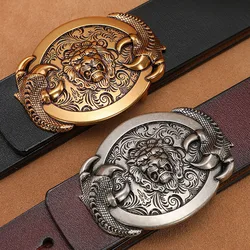 Retro Belt Men's Buckle Smooth Buckle Leather Belt Lengthened Large Size Pure Cowhide Personality Man's Belt