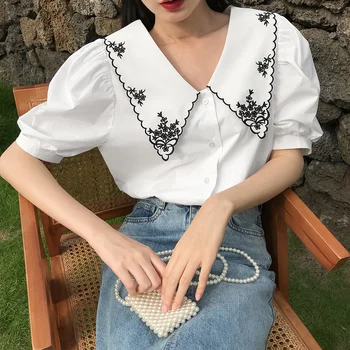 

Plus Size Embroidered Peter Pan Collar Shirt Female New Style 2020 Summer Slimming Puff Sleeve Short Tops Women Blouses