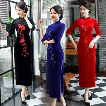 

Big Size 5XL Vintage Chinese Traditional Women Embroidery Flower Qipao Mandarin Collar Cheongsam Novelty Chinese Formal Dress