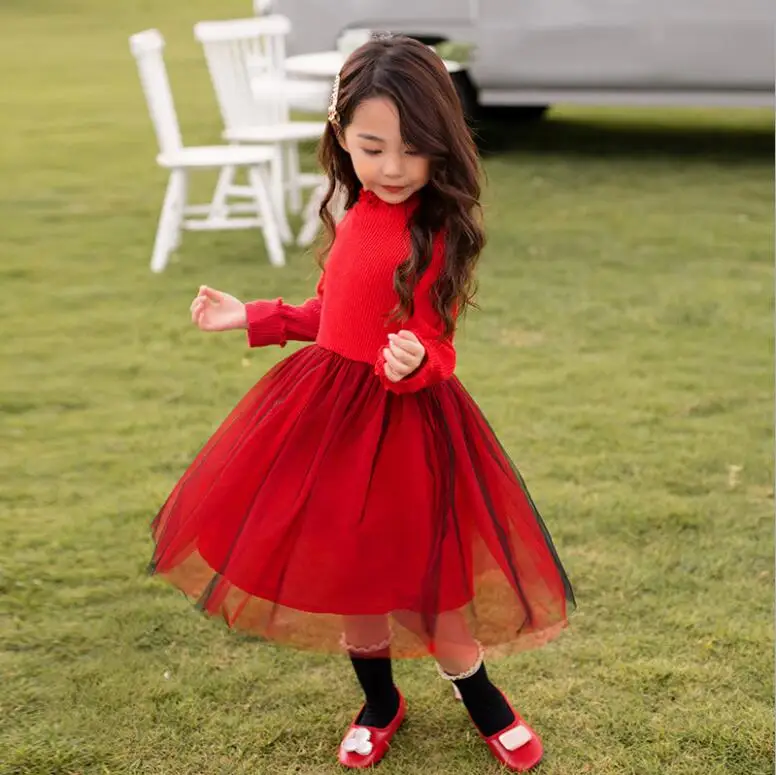 Рождественское платье для девочек; платья-свитера красного и зеленого цвета; осенне-зимняя одежда для маленьких девочек; Милая одежда принцессы для детей 6, 8, 10, 12 лет