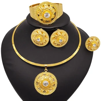 

Yulaili Exquisite Vintage Style African Wedding Engagement Bridal Necklace Earrings Bracelet Ring Women Ethiopia Jewelry Sets