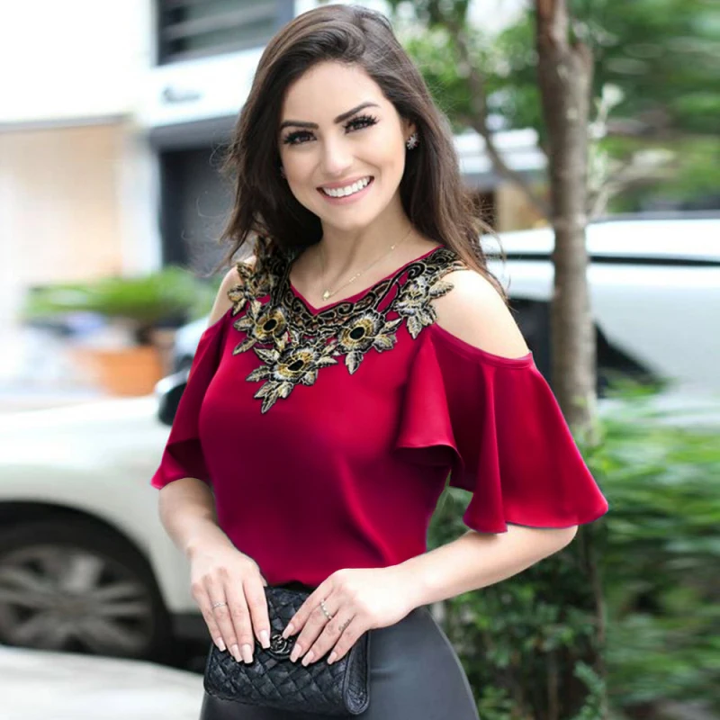 

2020 New Fashion Soft Fake Satin off shoulder Vintage Shirts tops Casual Women Flower Embroidery Blouses