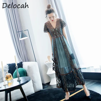

Delocah Summer Women Fashion Runway A-Line Dress Sexy V-Neck Gorgeous Embroidery Elegant Female Cool Mesh Midi Dresses vestidos