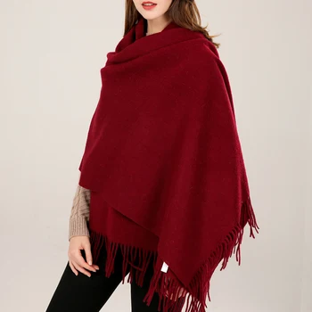 

Women 100% Real Wool Shawl Red Scarf Winter Echarpe Large Pashmina Wraps Tassel Cashmere Foulard Solid Pure Wool Scarves Capes