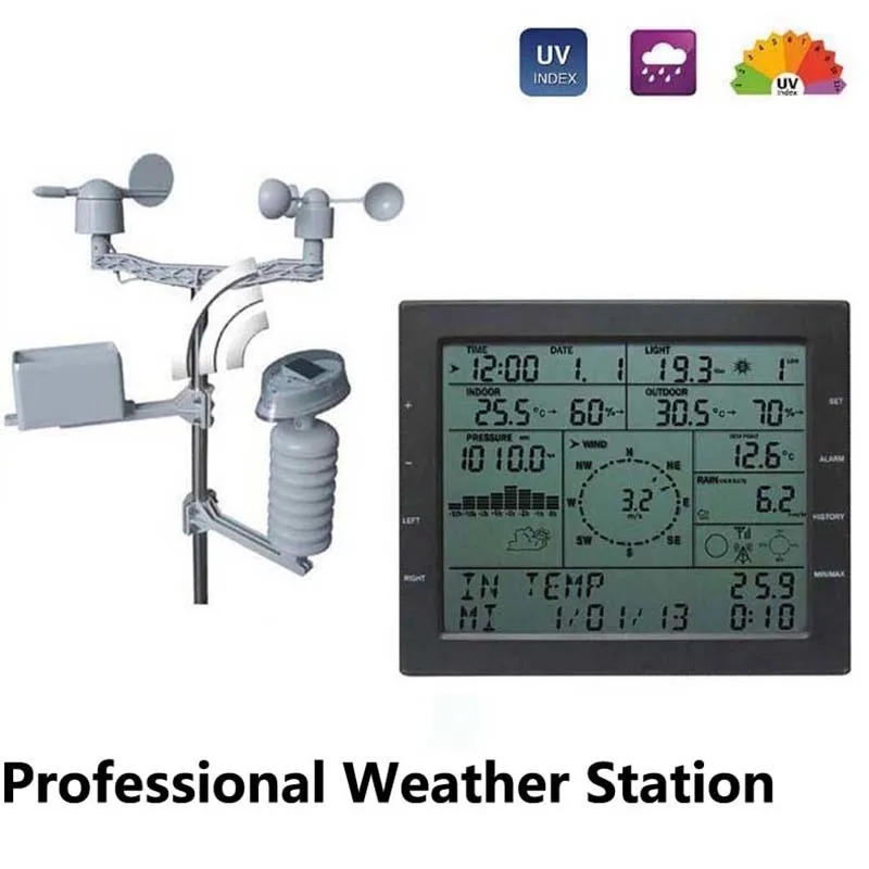 

Professional Weather Station Wind Speed Wind Direction Rain Meter Pressure Temperature Humidity UV Weather Station Center