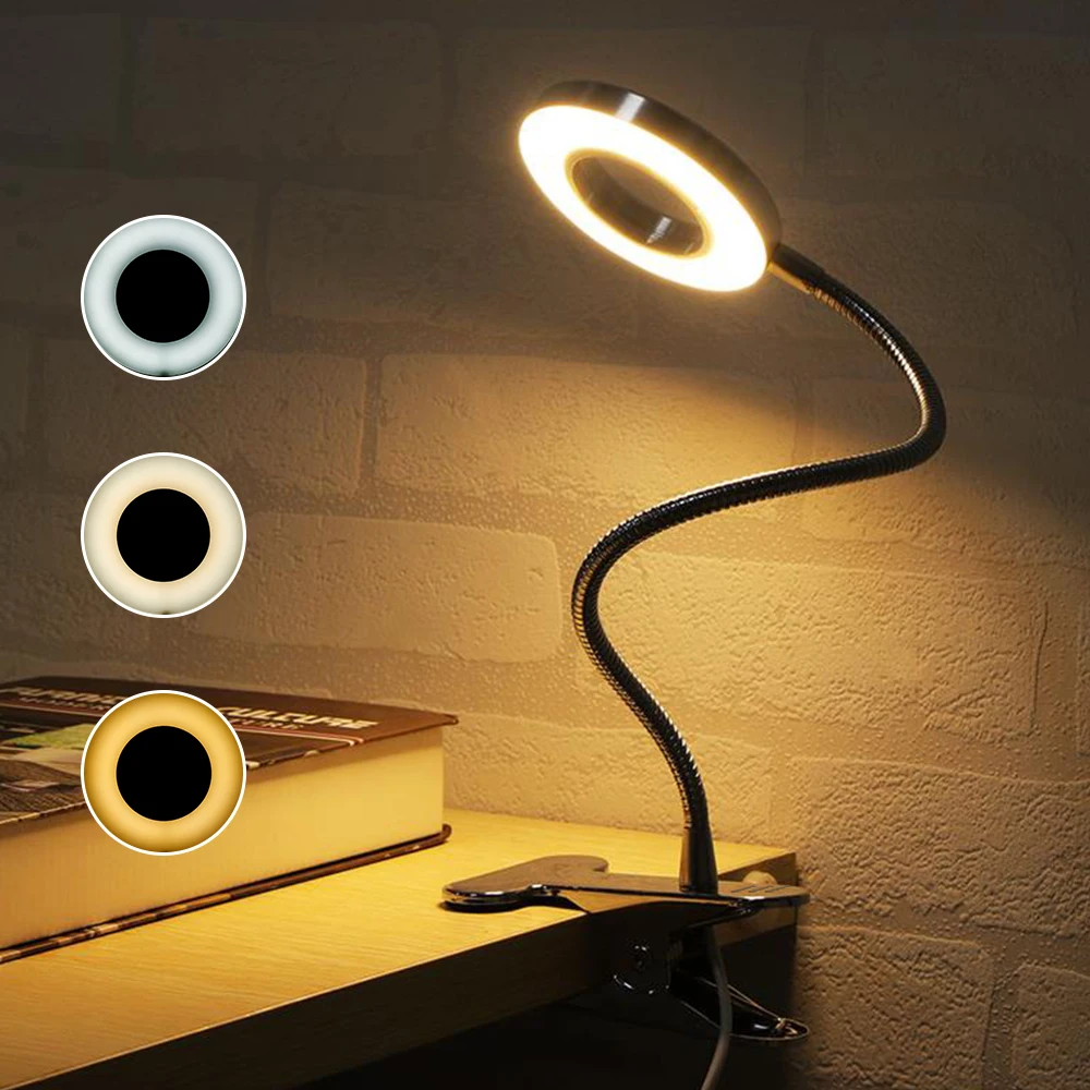 LED Clip On Desk Lamp USB Reading Light with 3 Mode Brightness Eye Caring Flexible Gooseneck Bedside Book Studying | Лампы и освещение