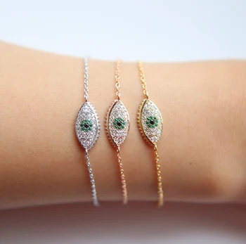 

fashion rose gold with AAA green cz paved evil eye shape charm link chain bracelet in 925 sterling silver bracelet for women