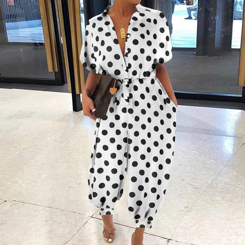 Women Retro Leopard Print Button Jumpsuit Summer V Neck Short Sleeve Playsuit Elegant Office Lady Rompers Beach Overalls Pockets