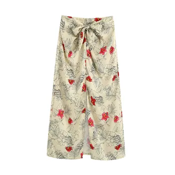 

BLSQR Women Floral Print Long Skirt Vintage Bow Female Causal Chic Mid Calf Skirts High Waist Split Skirt Faldas Mujer
