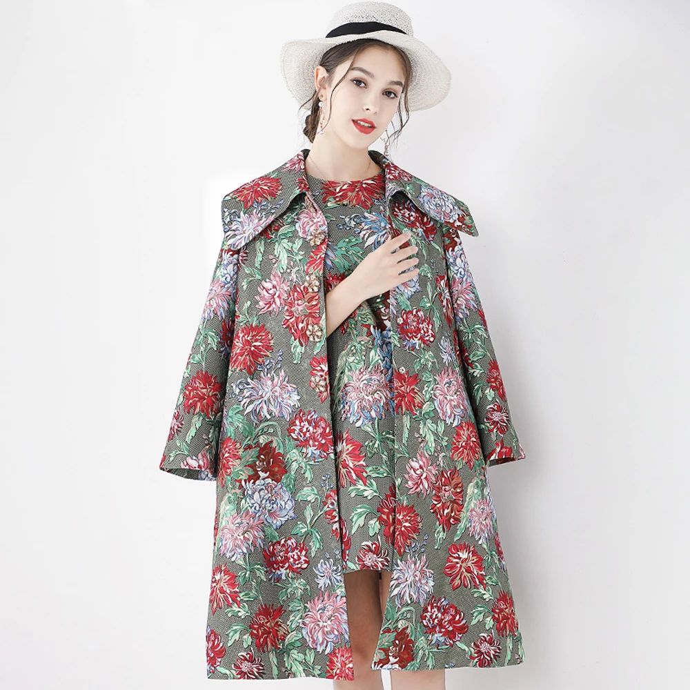 

Red RoosaRosee Designer Diamond Buttons Long Sleeve Flower Print Coat Woman Autumn Spring New Loose Outwear Overcoat No Dress