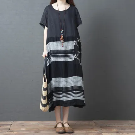 

2019 Summer Wear New Style Retro Loose And Plus-sized WOMEN'S Dress Joint Mid-length Cotton Linen Crew Neck Short-sleeve Dress W