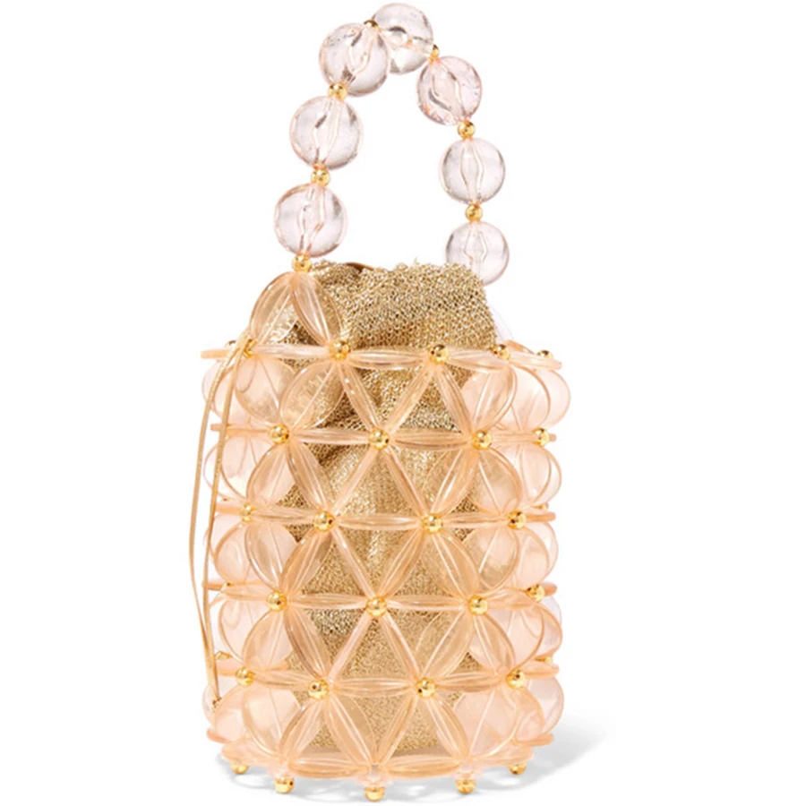 

Fashion Beaded Top Handle Women's Handbags Handmade Pearl Bucket Bags for Women Famous Brand Dinner Clutch Ladies Purse Hand Bag