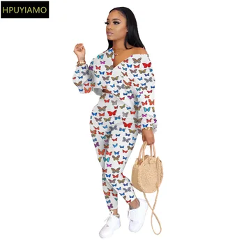 

Butterfly Print 2 Piece Set Women Outfits Deep V Neck Long Sleeve Crop Tops and High Waist Skinny Pant Activewear Sporty Suits