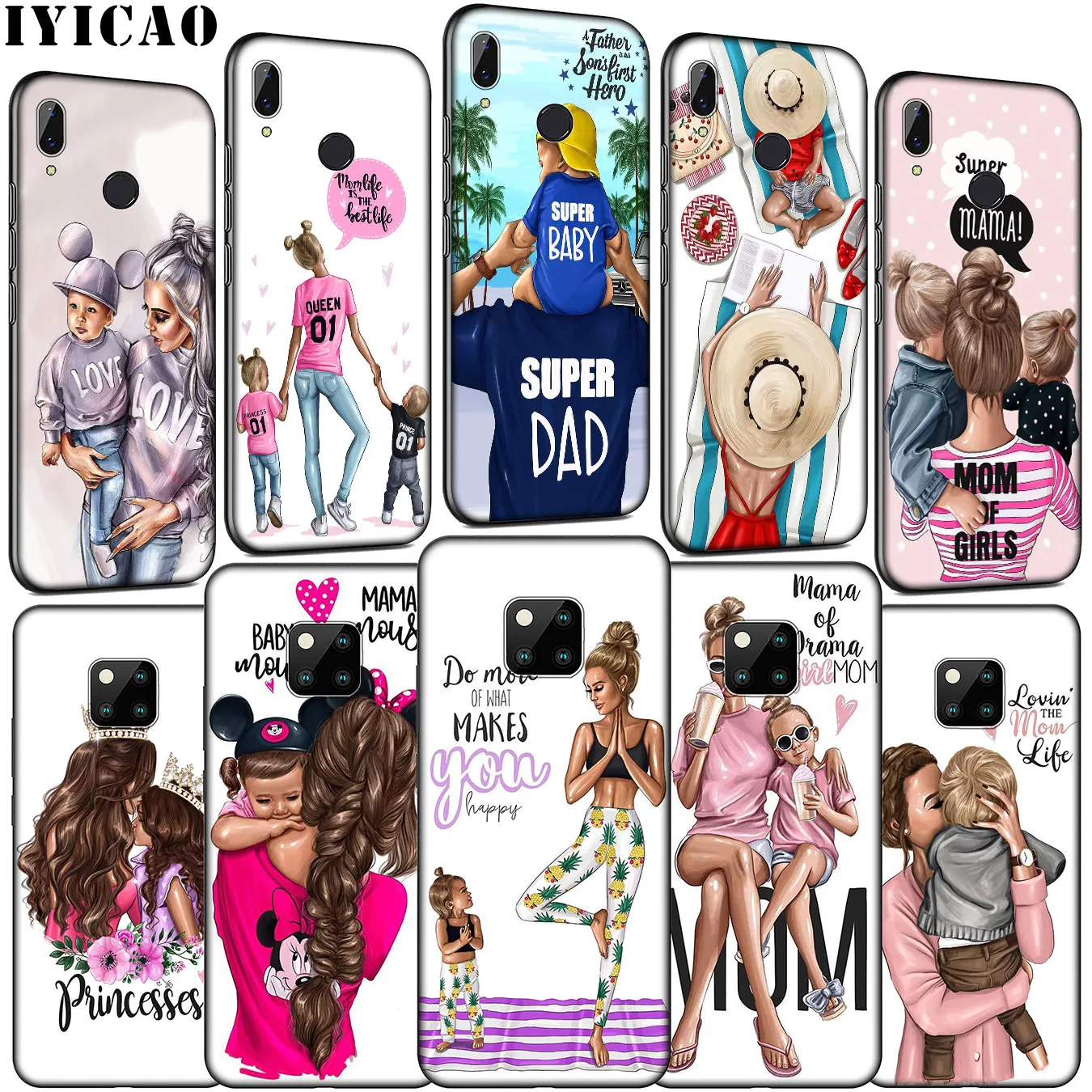 IYICAO Black Brown Hair princess Baby Mom Girl Soft Silicone Phone Case for Huawei Mate 30 20 10 Pro Nova 5i 4 3 3i 2i 2 Lite |
