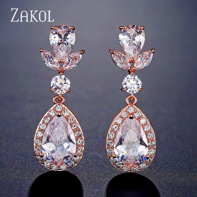 Rose Gold Color ZAKOL Романтические свадебные аксессуары ювелирные изделия Изысканный кубический циркон висячие серьги с розовым золотом цвет FSEP2196 - Окраска металла: Rose Gold Color