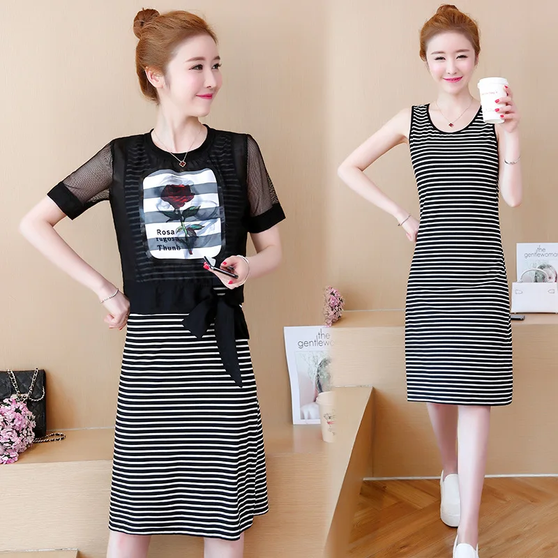 

2018 Summer New Style Fat Mm Large Size Two-Piece Set Loose A- line Stripes Chiffon Dress Women's