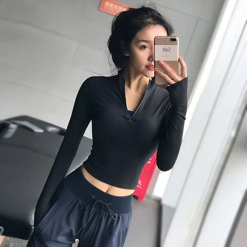 Black SALSPOR спортивные женские Топы с длинным рукавом для фитнеса, йоги, бега на молнии, быстросохнущая одежда для спортзала, осенняя Женская однотонная тонкая спортивная одежда - Цвет: Black