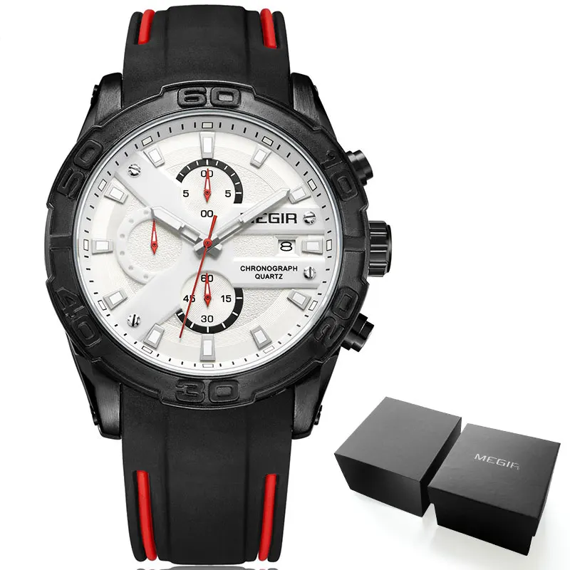 MEGIR Модные мужские спортивные кварцевые часы светящийся хронограф аналоговые наручные часы для мужчин черный силиконовый ремешок 2055GS-BK-1 - Цвет: M2055G-Black white