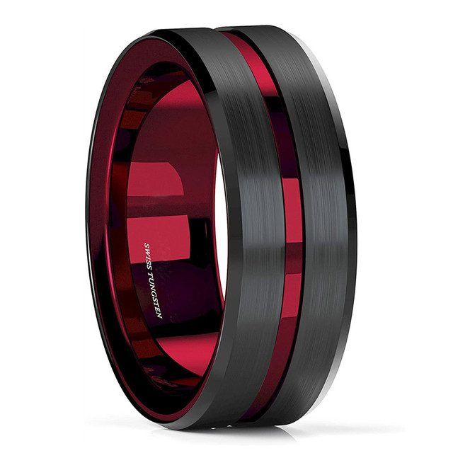 Styles Men Blue Grooved Black Stainless Steel Ring Koa Wood And Abalone Shell Inlay Arrow Red Meteorite Ring Men Wedding Band