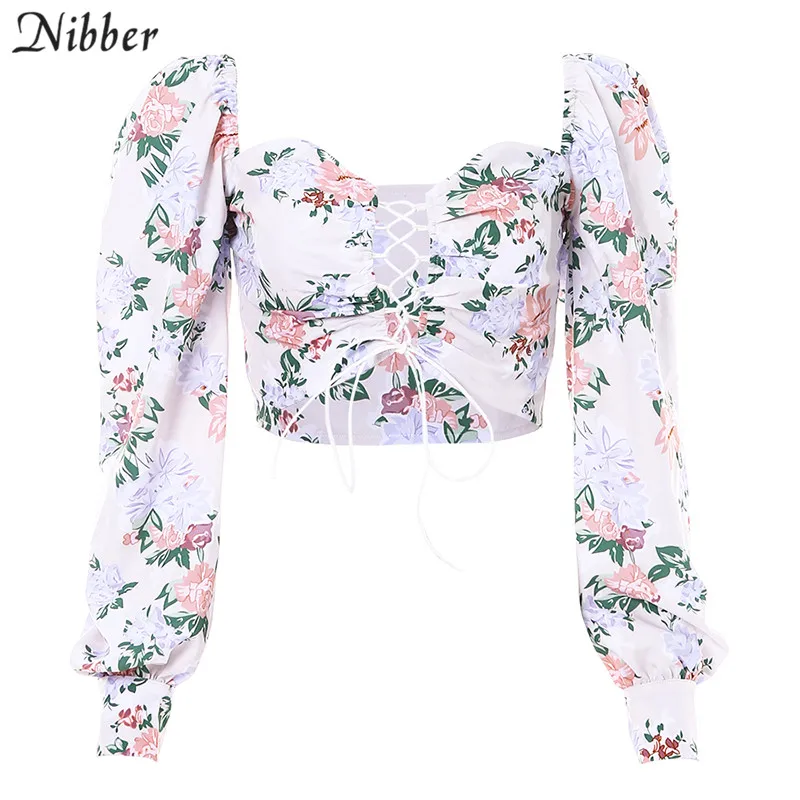 Nibber французский романтик Элегантный boho кроп Топы женские T-shirt2019 осень зима длинный рукав Богемия Низкий вырез повседневные футболки mujer - Цвет: Многоцветный