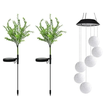 

2 Pcs Solar Garden Lights Christmas Tree LED & 1x Solar LED Wind Chime Lights Crystal Ball Color Changing Spinner Lamp