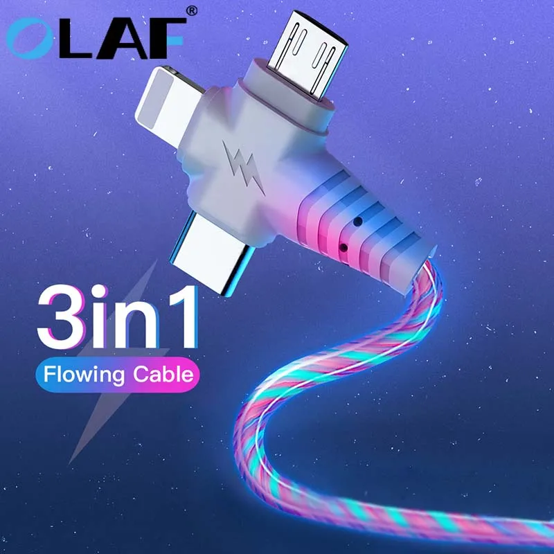 3in1 Flow Luminous Lighting USB Cable For iPhone 11 12 13 Pro Max Samsung Xiaomi LED Micro Wire Cord C Fast Charge | Мобильные