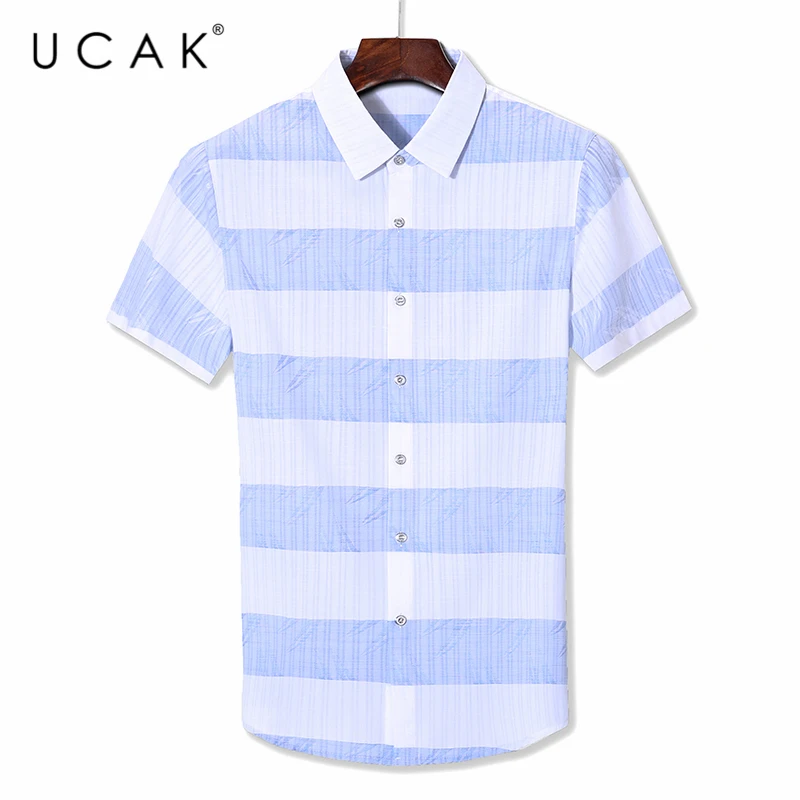 

UCAK Brand Striped Men Shirts Clothes 2020 Summer New Arrival Short Sleeve Shirt Homme Turn-dwon Collar Men Tops Clothing U6057