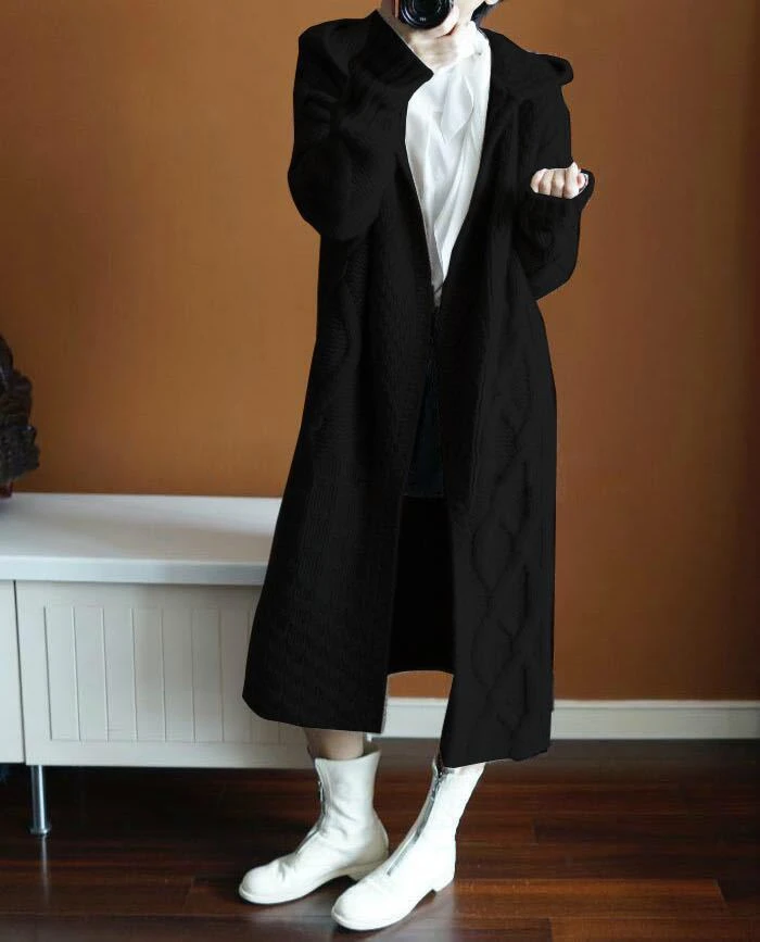 Black Европейский женский зимний длинный вязаный Тренч с капюшоном Jas корейский женский модный шерстяной толстый ветровка Trui Jas - Цвет: Black