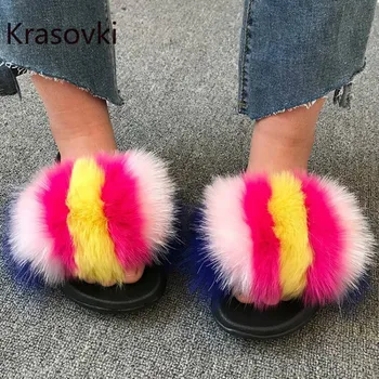 

Krasovki Women Real Fur Slides Summer Shoes Home Woman's Luxury Furry Slippers Indoor Female Sandals Fluffy Cute Summer Shoes