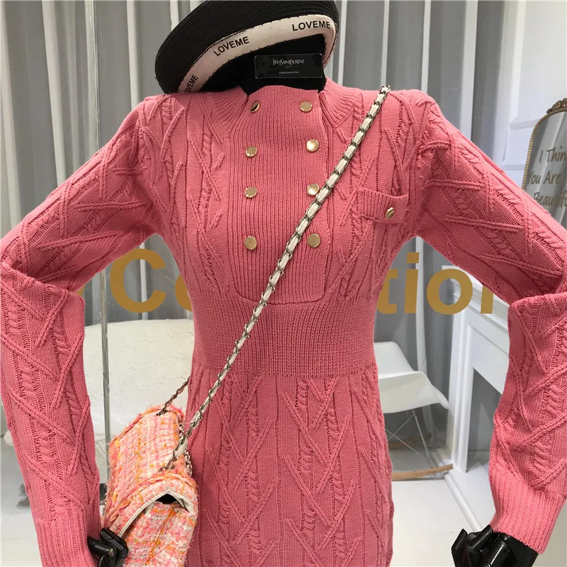 ALPHALMODA зимнее Новое модное двубортное тонкое вязаное платье, женское стрейчевое платье-свитер с длинным рукавом