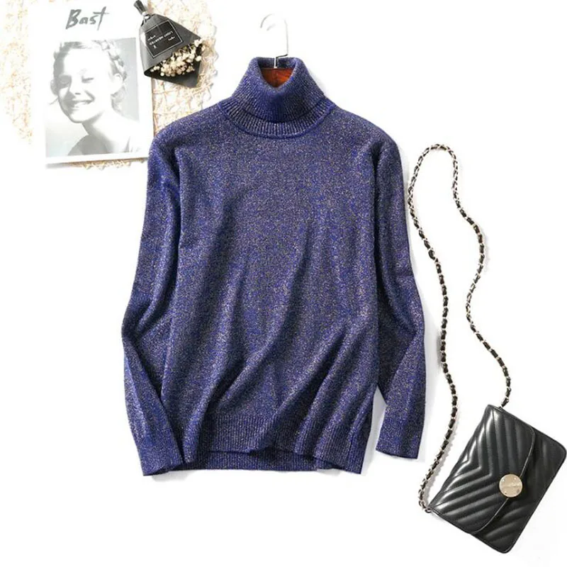 Sweater Women Shiny Lurex Autumn Winter Turtleneck Long Sleeve Knitted Pullover Basic Femme Jumpers Black White - Color: Blue