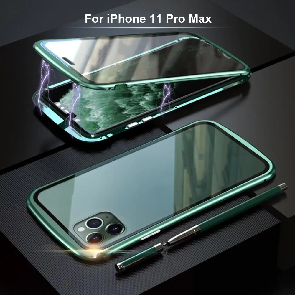 Магнитный чехол Адсорбция мобильного телефона металлический каркас двойное закаленное стекло чехол для IPhone 11 Pro Max - Цвет: For iPhone 11 Pro Ma