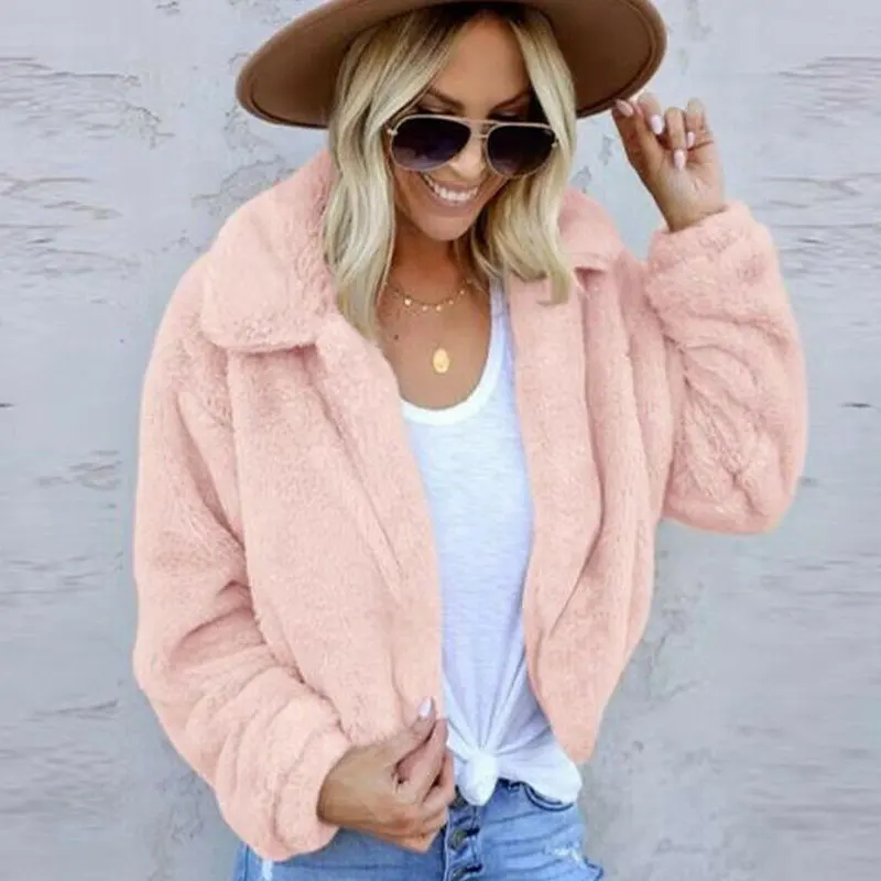 Plus Size Women's Teddy Bear Winter Warm Thick Fluffy Coat Lapel Fleece Fur Casual Short Jacket Top Vintage Solid Clothes S-3XL