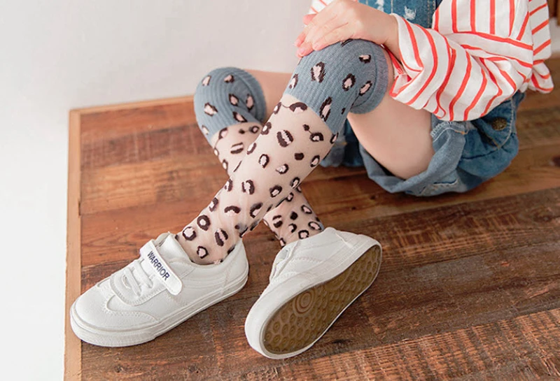 Kids Girls Lace Stockings Leopard Printed Stitching Knee Length Stockings Blue Pink Rose White Cotton Underwear GZ29