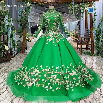شراءفساتين السهرة الطويلة الخضراء LS169901B مع الحجاب عالية الرقبة طويلة الأكمام الدانتيل يصل مسلم رسمي حفلة موسيقية فستان الكرة ثوب دي سهرة