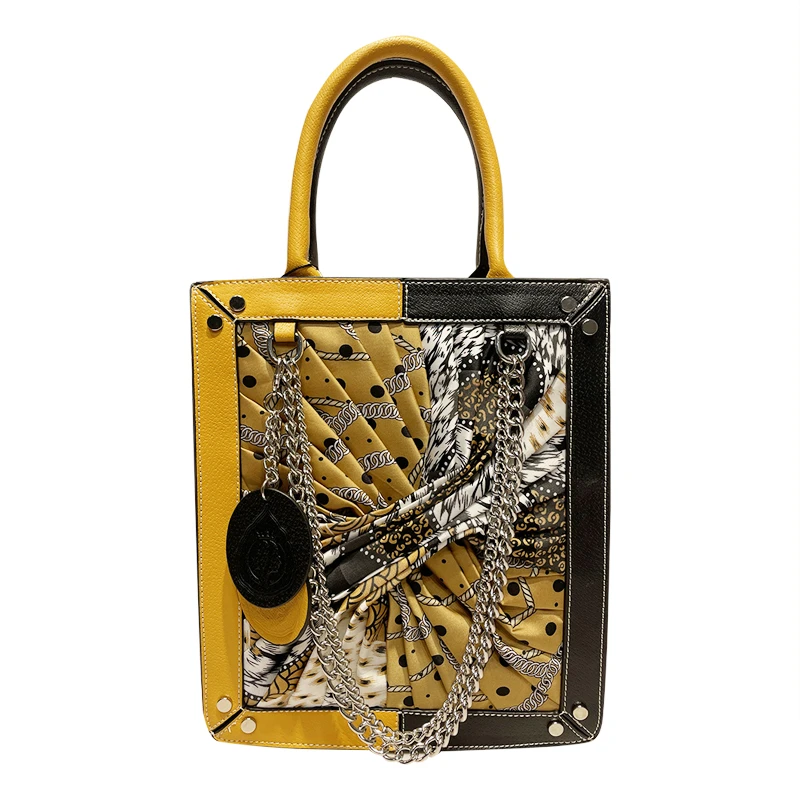 Bolso de cuero negro y amarillo para mujer, bandoleras pañuelo de seda, bufanda artística hecha a mano|Bolsos de - AliExpress