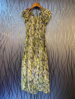 

2020 Spring and Summer New Women's Back Neck Lace-up Ruffles Stitching Cuff Pleated Decorative Floral Dress 616