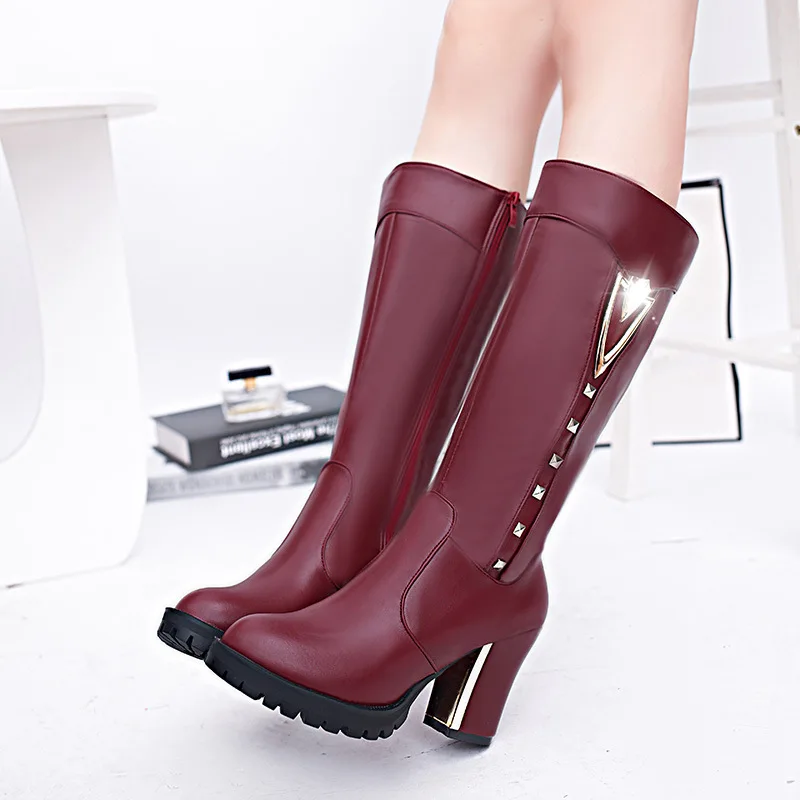 

2017 Winter Models in Europe And America Women's Boots Semi-high Heeled Chunky Heel Knee-High Boots Thick Bottomed Waterproof Pl