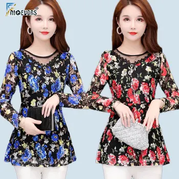 

2020 Basic Shirts Blouses Tunic Hot Fashion Long Sleeve Elegant Office Lady Floral Printed Vintage Lace Tunic Sheer Peplum Top
