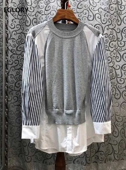 

High Quality Sweaters 2020 Spring Casual Jumpers Women Striped Print Patchwork Long Sleeve Grey Dark Blue Knitted Pullovers