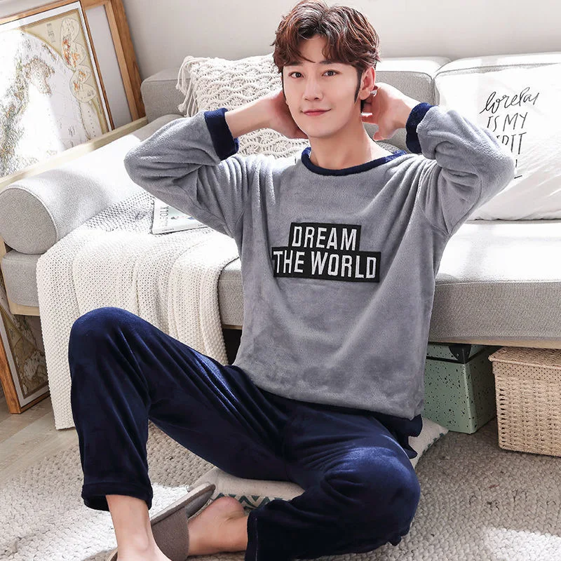 Coral Fleece Pajamas Men's Winter Thickening and Velvet Warm Pajamas Autumn and Winter Men's Flannel Home Service Set Sleepwear mens silk pajama set Men's Sleep & Lounge