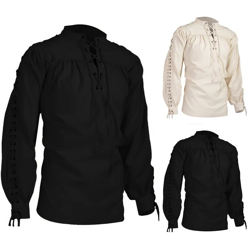 CYSINCOS мужские топы, винтажная рубашка, Средневековая готическая рубашка, однотонный пуловер с длинными рукавами, плиссированные топы Viking Renaissance