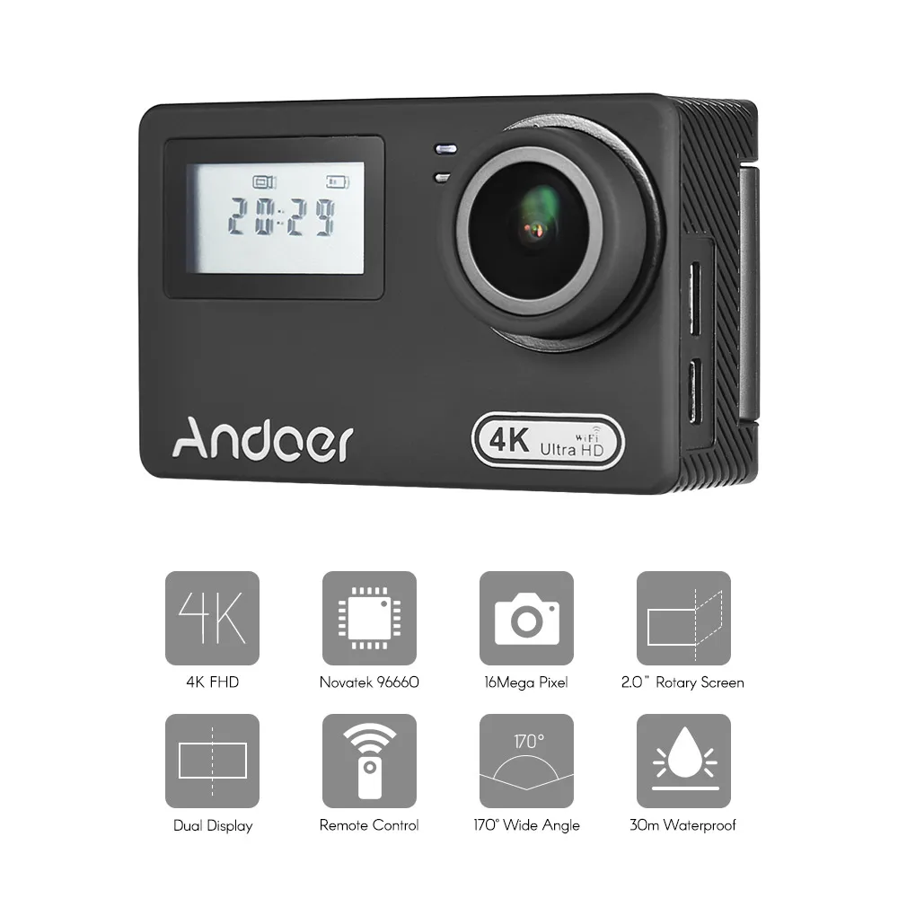 Andoer 4K WiFi 16MP Спортивная Экшн-камера Novatek 96660 с двойным жк-дисплеем 170 широкоугольная 30 м Водонепроницаемая с пультом дистанционного управления