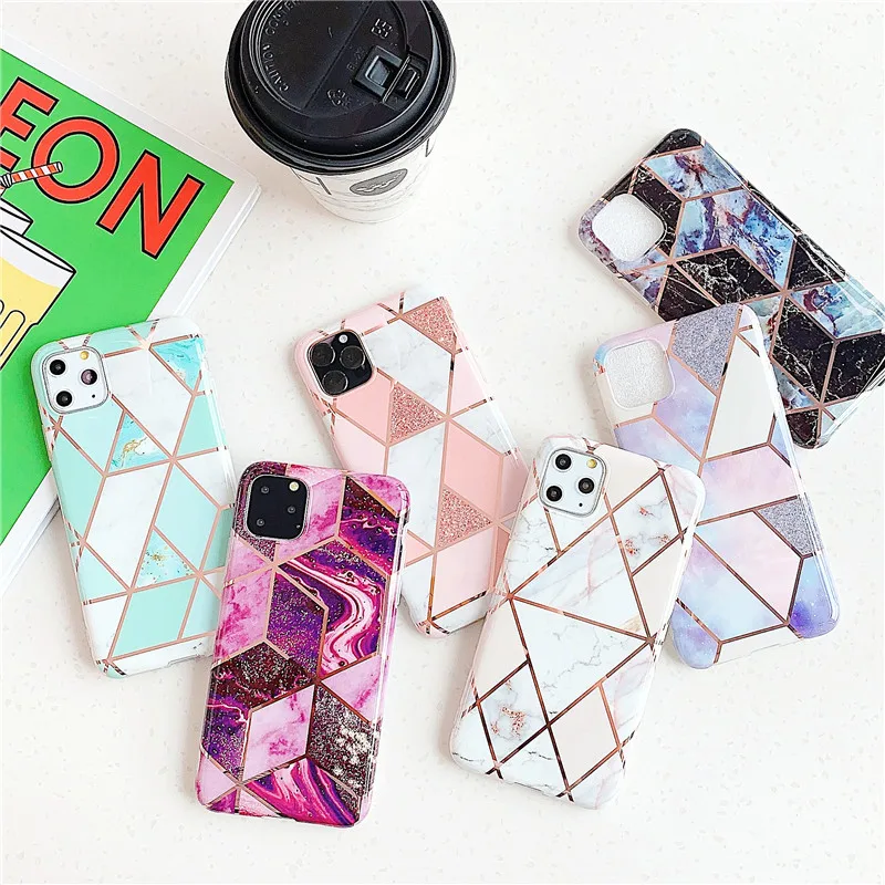 

Geometric Marble Phone Case For iPhone 11 Pro Max XR X XS Golden Electroplate Bling Case For iPhone 6 6s 8 7 Plus Soft TPU Cover