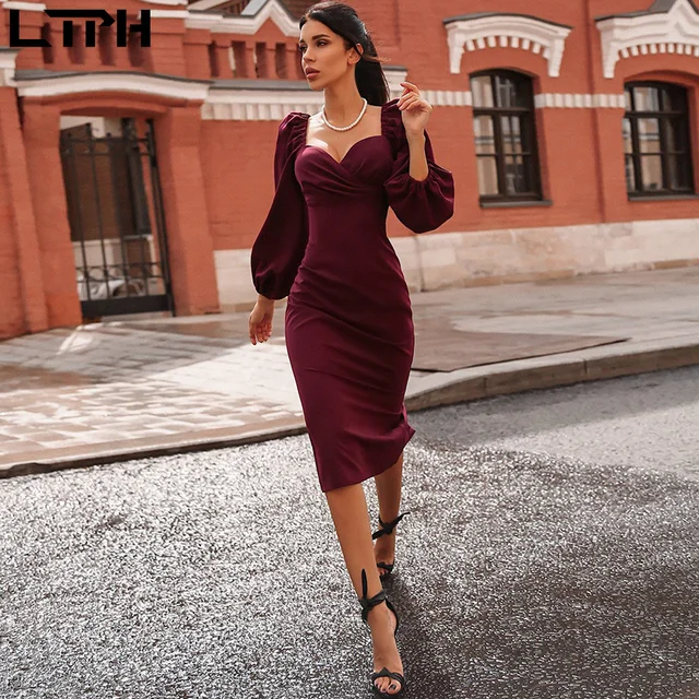 LTPH Hot sale 2020 autumn winter new women dress sexy tube top low collar puff sleeves solid color long fashion pencil dresses 5