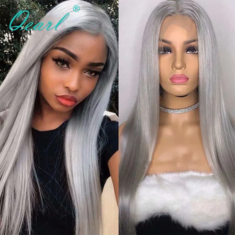 Transparent Lace Front Wig for Women Silver Grey Color Straight Human Hair Frontal Wigs Bleached Knot Remy 13x4 150% Qearl | Шиньоны и