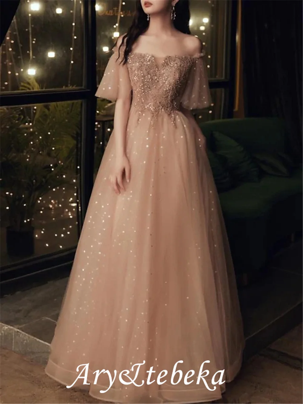 Glittering Elegant Wedding Guest Formal Evening Dress A-Line Scoop Neck Short Sleeve Floor Length Tulle with Pleats Sequin 2022