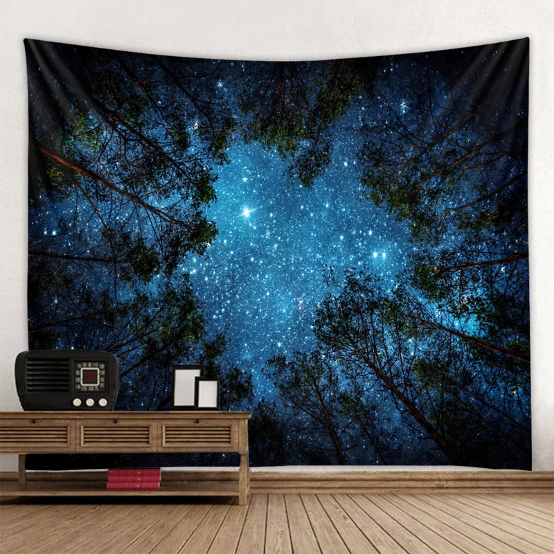 Tapestry Decor Forest Tapestry Wall Hanging Psychedelic Trees And Stars Fabric Tapestry Home Decor Polyester Table Cover Forest Night tapestry decor