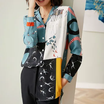 

New Color matching silk blouse female loose long sleeved shirt long mulberry silk shirt