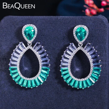 

BeaQueen New Gradual-Change CZ Blue Purple Baguette Crystal Big Drop Hanging Earrings Cubic Zirconia Ear Jewelry for Women E406